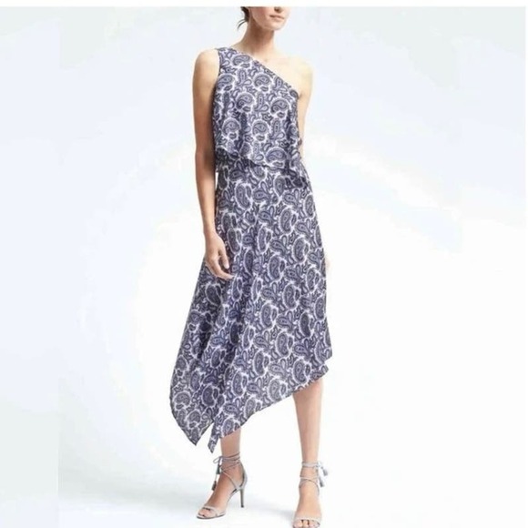 NWT Banana Republic One Shoulder Blue & White Dress Asymmetrical Hem Size 6 - Picture 1 of 9